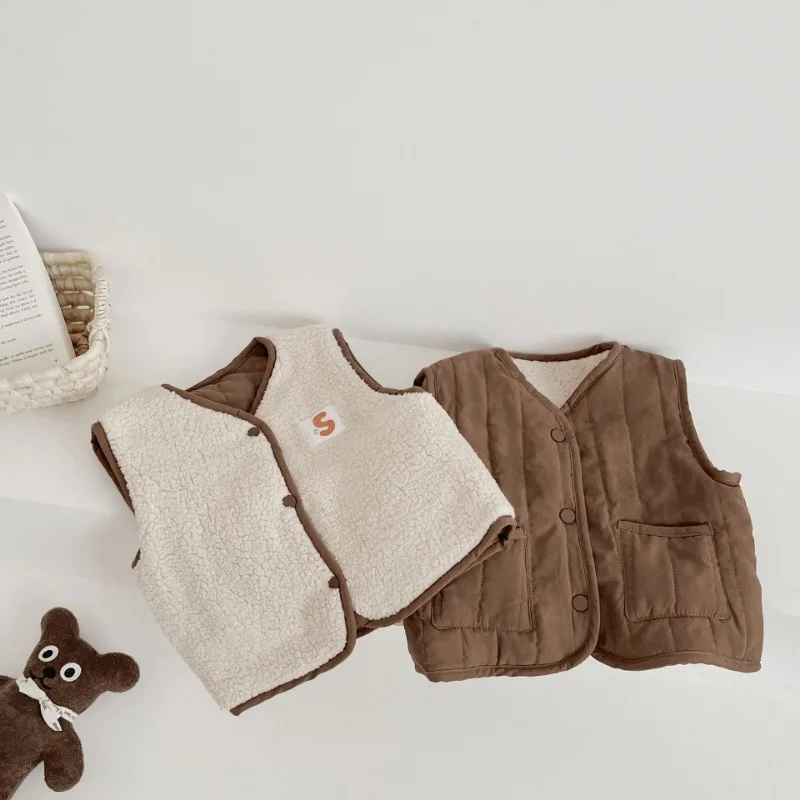 Korea Kids Winter Clothes Boys Vest Baby Girls Pink Lamb Wool Reversible toddler Waistcoat Warm Sleeveless Coat