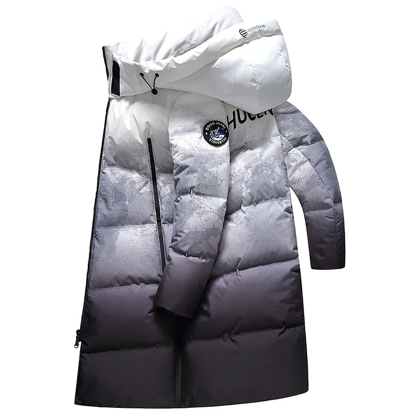 Casaco longo com capuz de pato masculino, casacos espessados, sobretudo frio extremo, 90% branco, parka de inverno