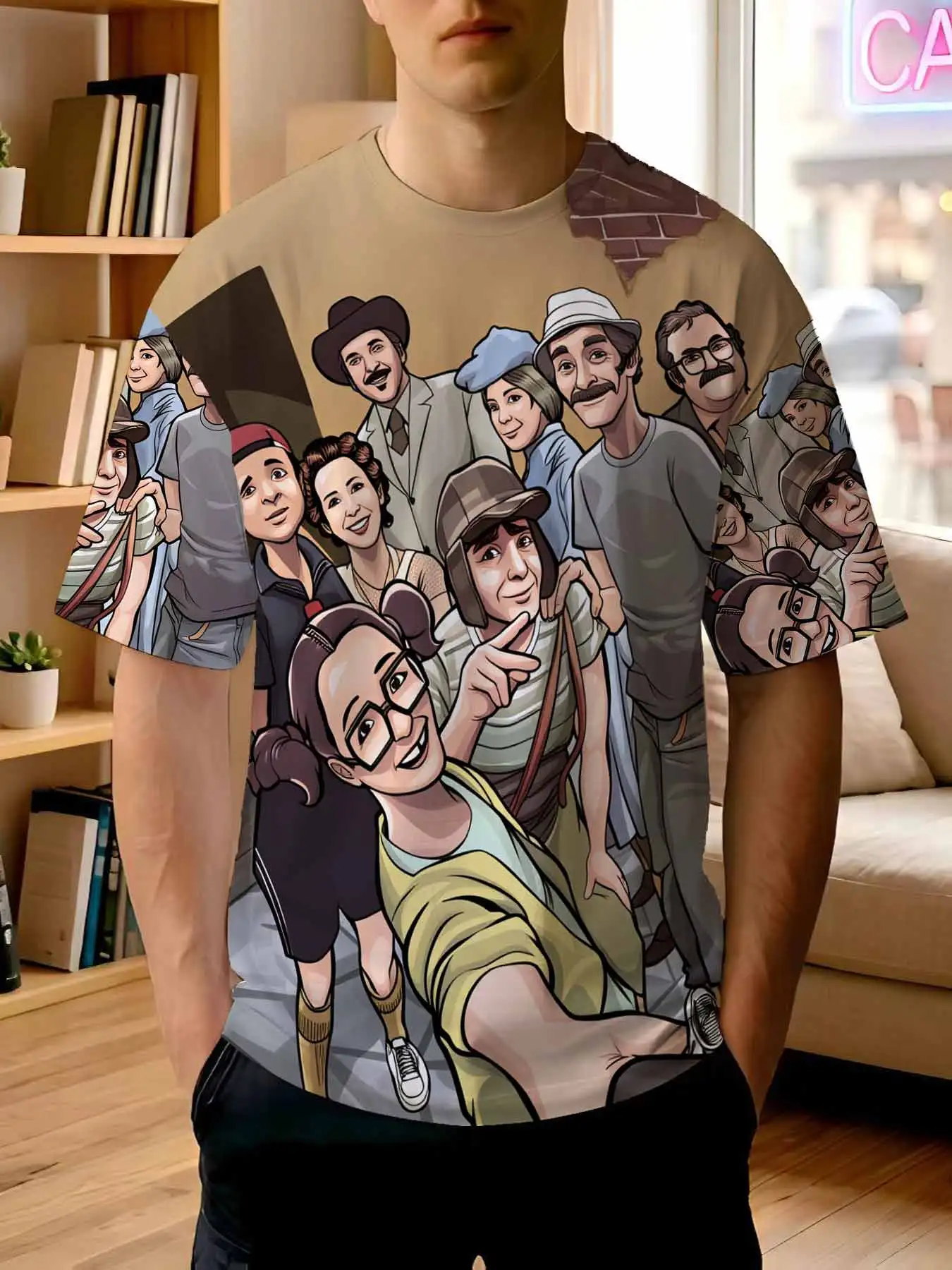 Camiseta estampada nueva 2026 para hombre, estilo clásico de la comedia, con personajes de 'El Chavo del Ocho', estilo selfie, camiseta retro informal