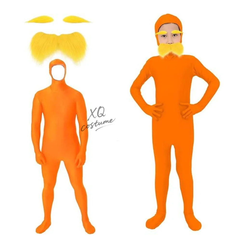 بدلة قفز برتقالية للبالغين والأطفال، زي الهالوين، شارب أصفر وحواجب، برتقالي، ملابس تنكرية للحفلات التنكرية #1