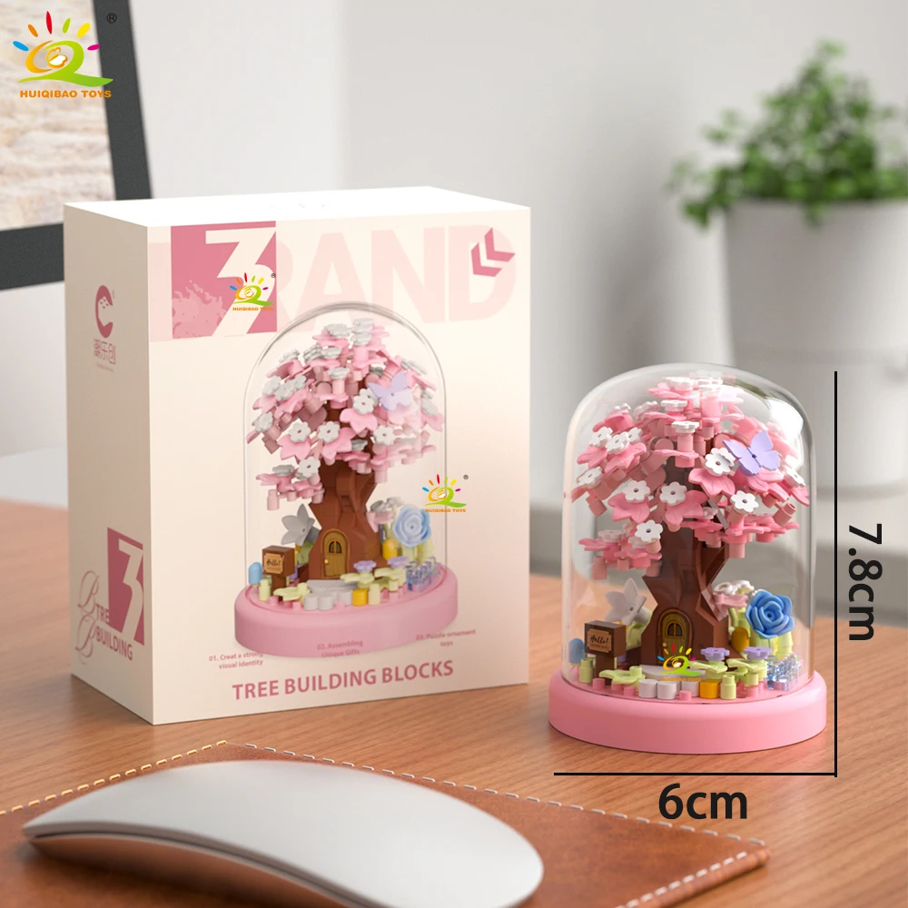 Four season Mini Tree House with Display Box Model Micro Building Block Diamond Brick Toy for Children Desk Decor.