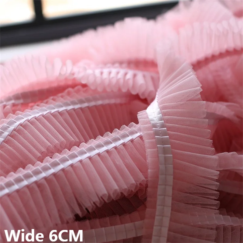 6CM Wide 3D Pleated Mesh Lace Fabric Satin Frilled Fringe Ribbon Ruffle Trim Curtains Dress Hemlines DIY Sewing Decor 12Colors