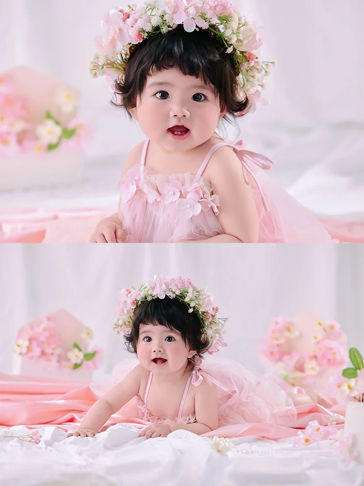 Infant 1st Birthday Milestone Photography Outfit Flower Crown+pink Mesh Sling Dresses Sweet Fairy Style Photoshoot Clothing Set