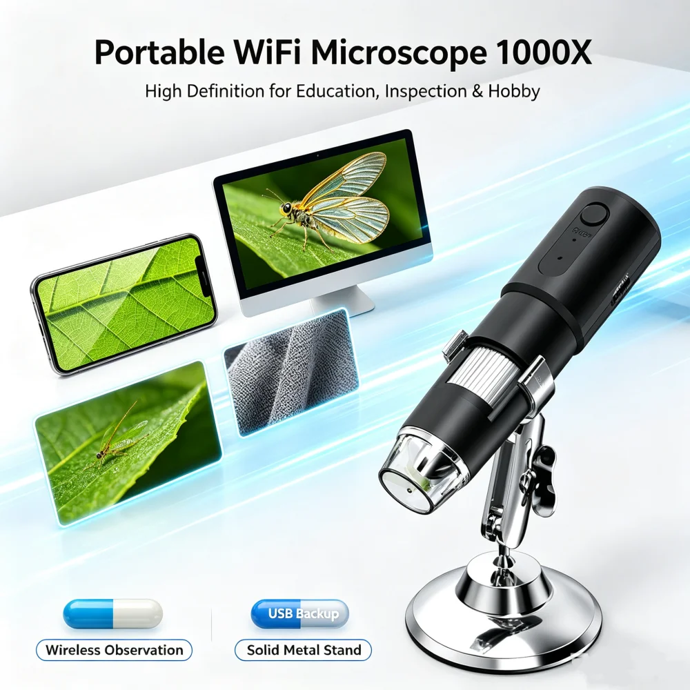 Handheld WiFi Digital Microscope 1000X Electronic Magnifier Endoscope Camera Compatible with Android iOS Phone Windows Mac PC