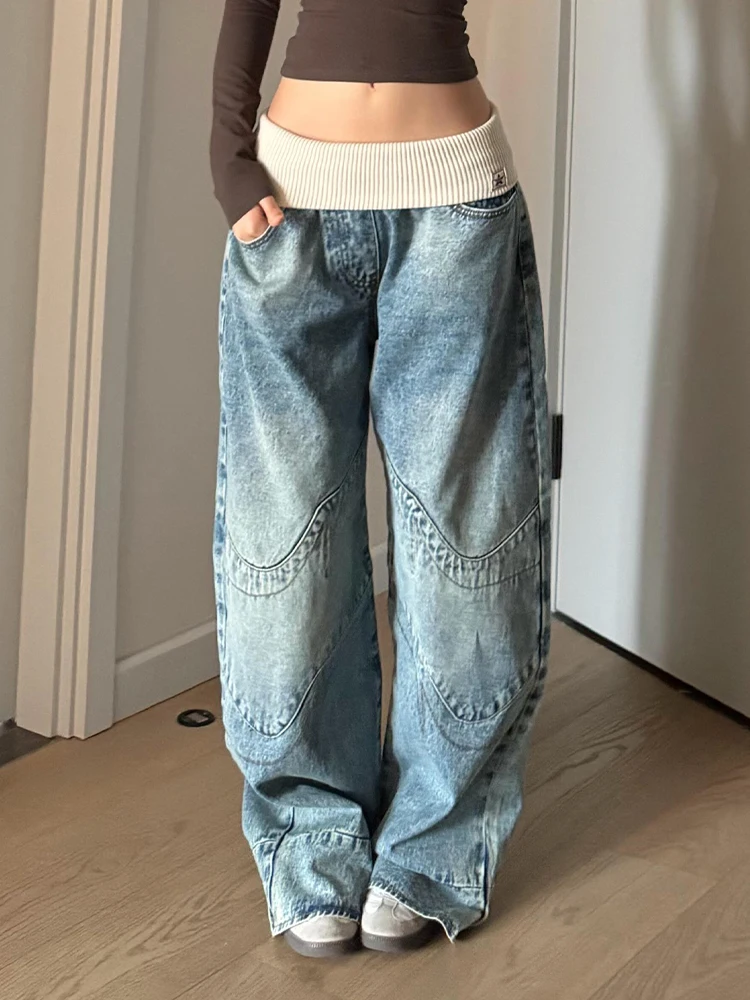 

Ретро джинсы с эффектом потертости, свободного прямого кроя, женские, винтажные, в американском стиле, с дизайнерским акцентом, с отворотами на талии, модные