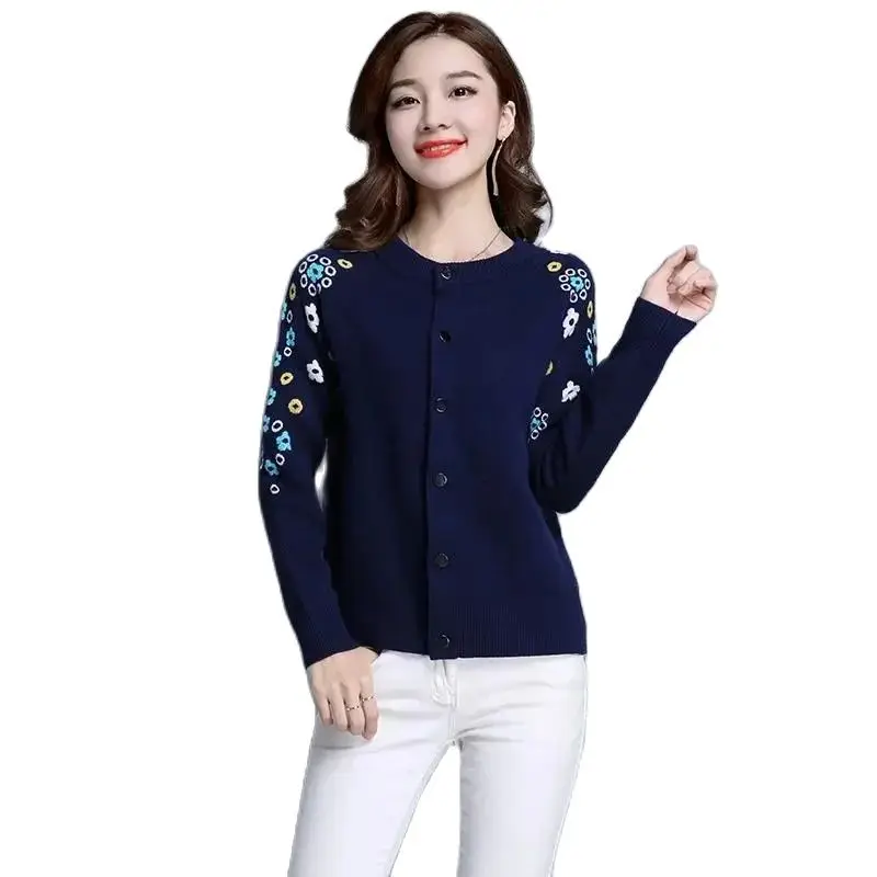 Autumn Winter Short Cardigan Sweater Women New Loose Round Collar Knitwear Pure Colour Printing Tops Single-Breasted Top Female