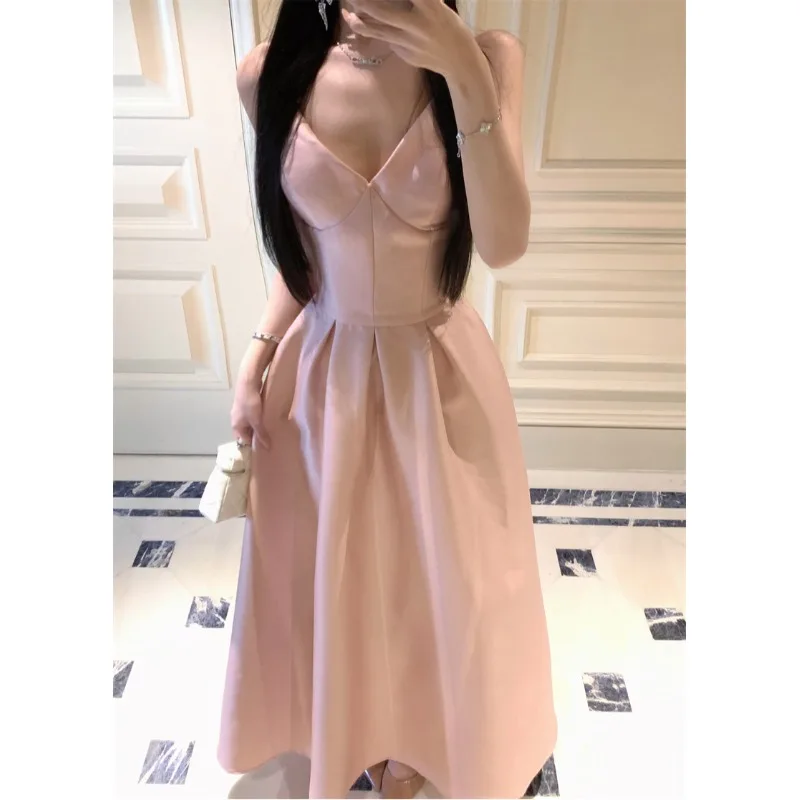 

Женское розовое вечернее платье с лямкой на шее, элегантное роскошное платье со рюшами для взрослых, наряд для подружек невесты, тостов, клубное платье для выпускного вечера, халат