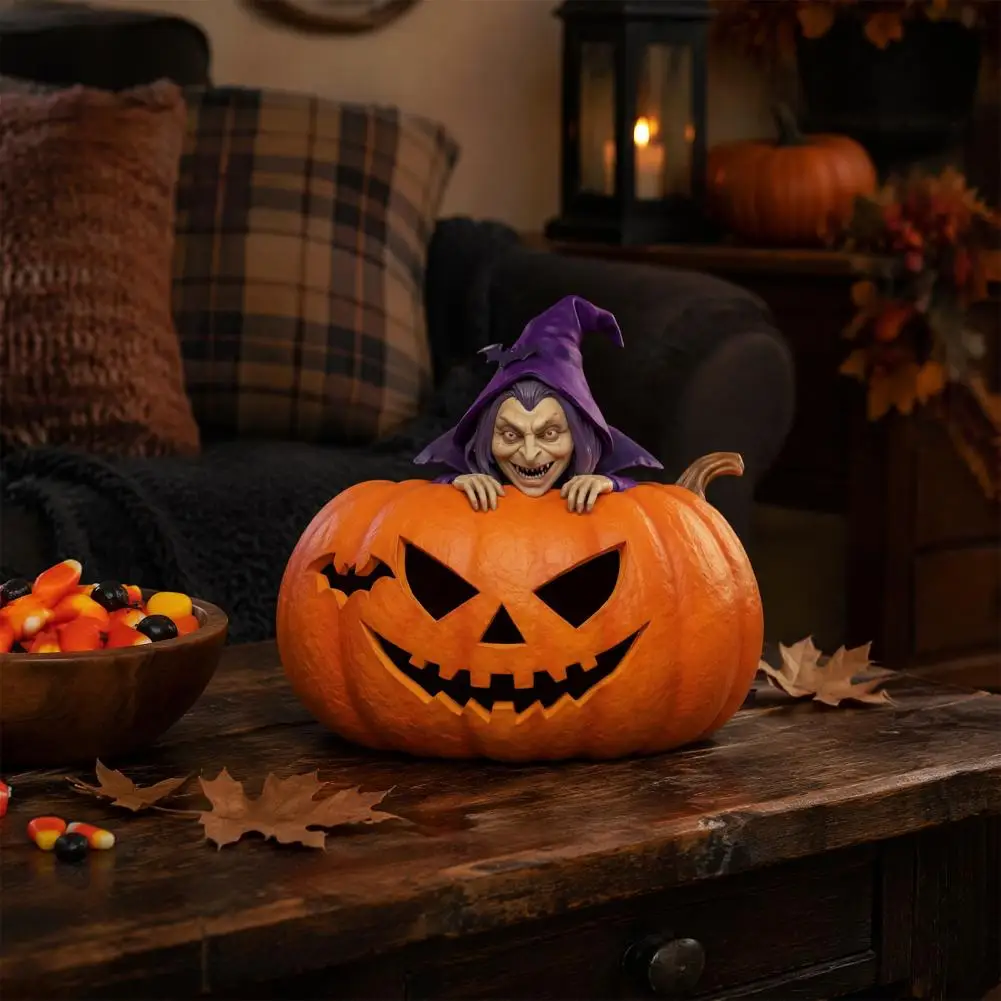 Resin Witch Figurine Halloween Witch Ornaments Halloween Resin Pumpkin Witch Figurine Spooky Bat Tabletop Decor Mini for Home