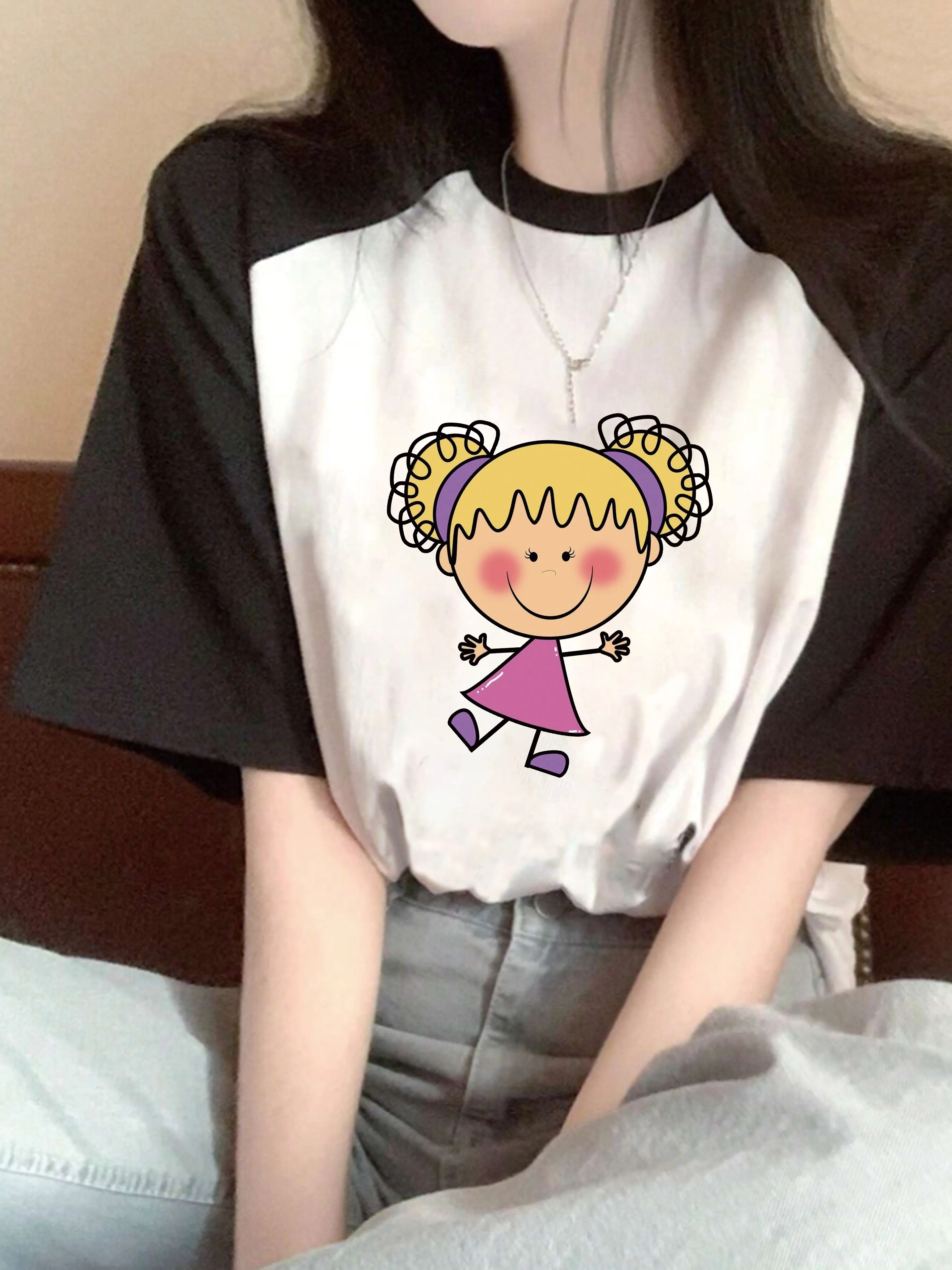 Y2K Cute Girly Short Sleeve Cartoon Twin-Tail Print T-Shirt Casual Sweet and Cool Contrast TShirt 2026 Female Harajuku Top