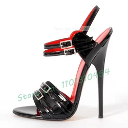 Multi Belt Buckles 16cm Sandals Sexy Women Super High Heels Plus Size Shoes Party Ankle Strap Black Patent Nightclub Sandals