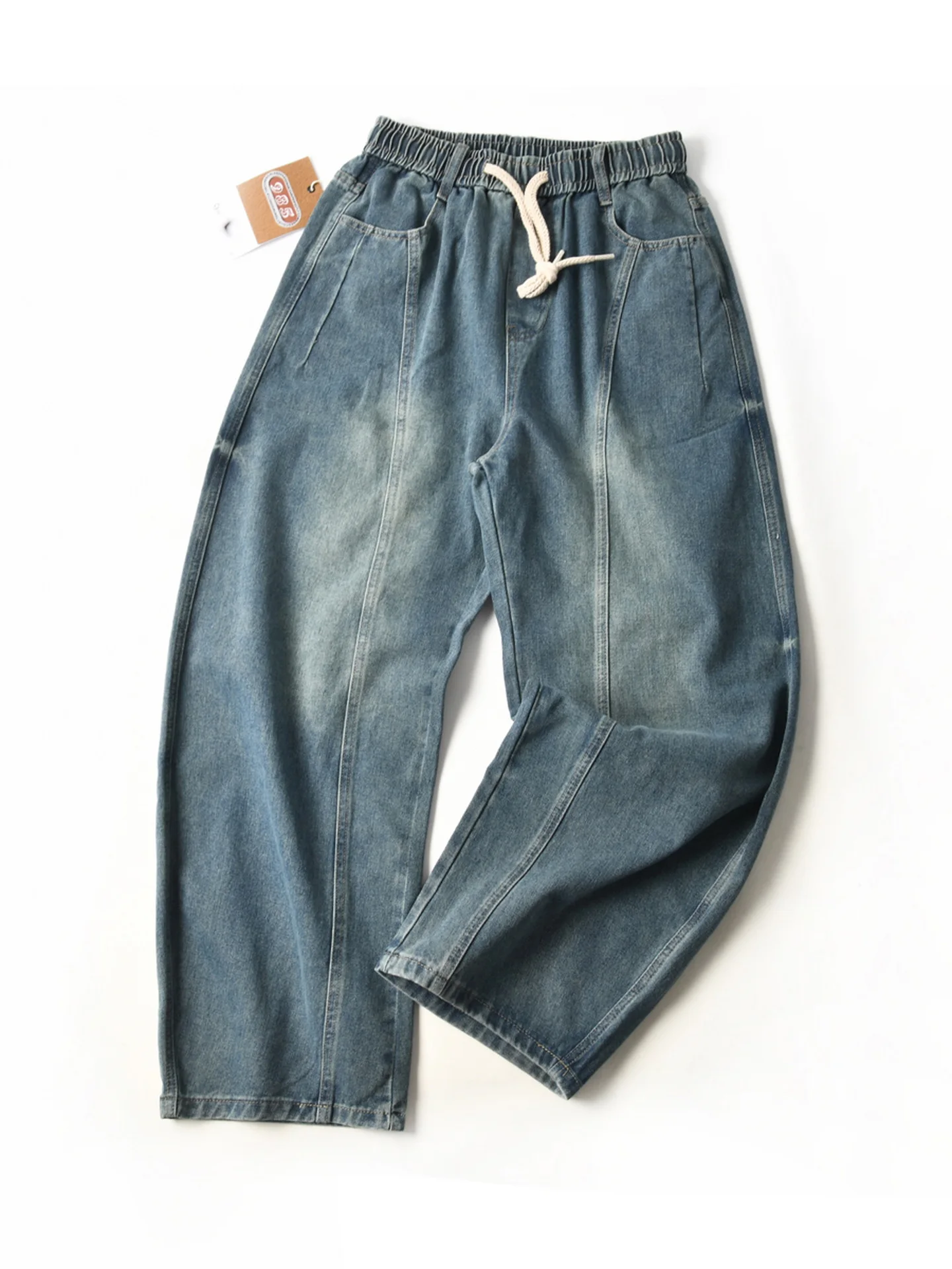 American Style Cotton Distressed Washable Loose Wide Leg Straight Elastic Waist Casual Knife  Denim Jeans Men's Autumn