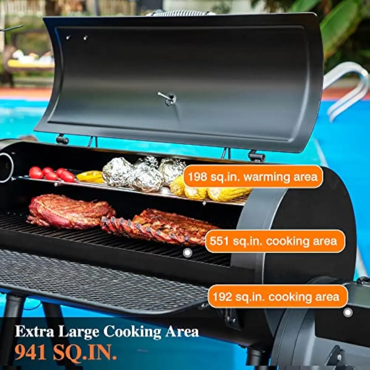 Offset Charcoal Smoker Grill with 941 Sq In Total Cooking Space Featuring One-Piece Chamber Heavy-Duty Steel Construction Dual G