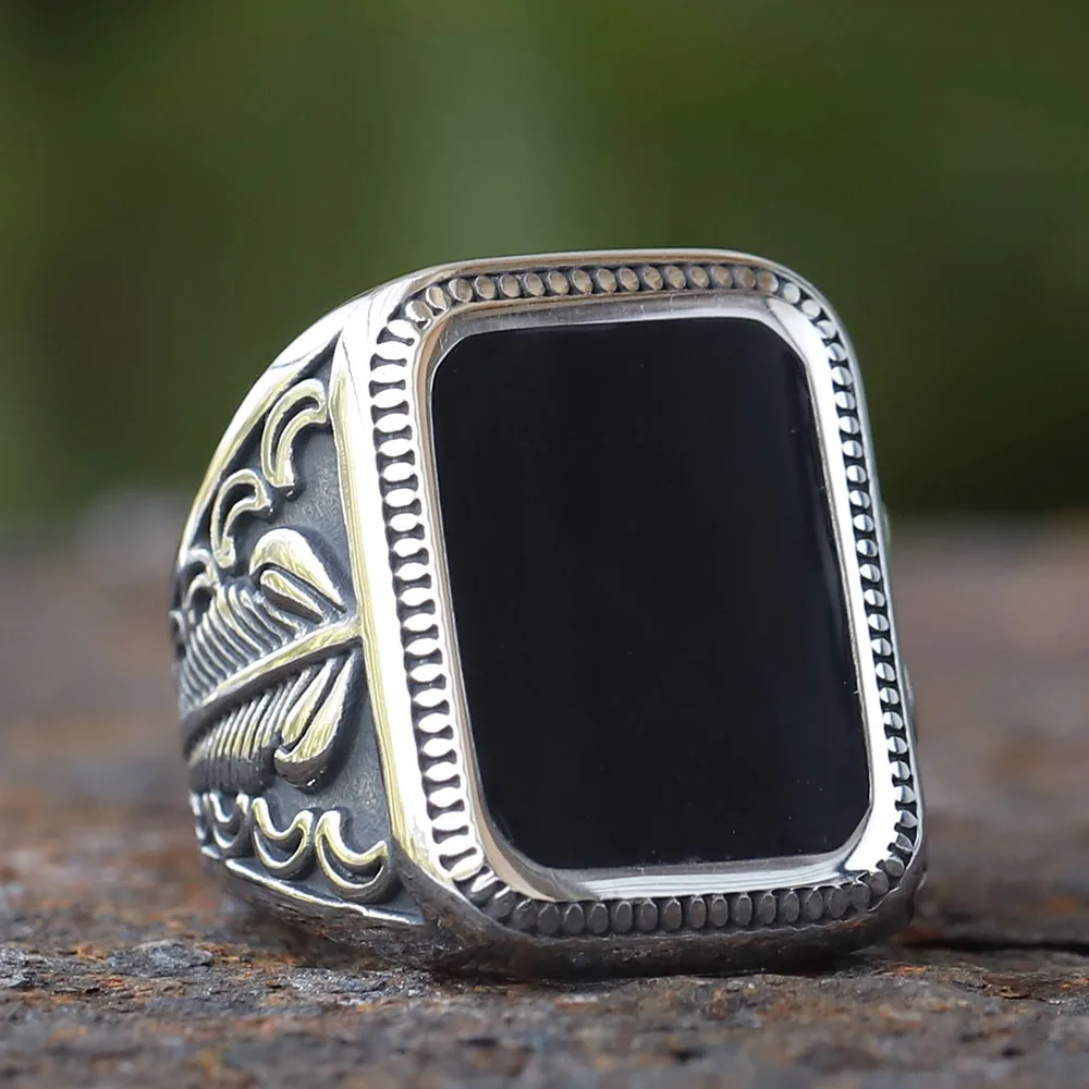 new Vintage Handmade Turkish Signet Ring For Men Women Ancient Silver Color Black Onyx Stone Punk Rings Religious Jewelry