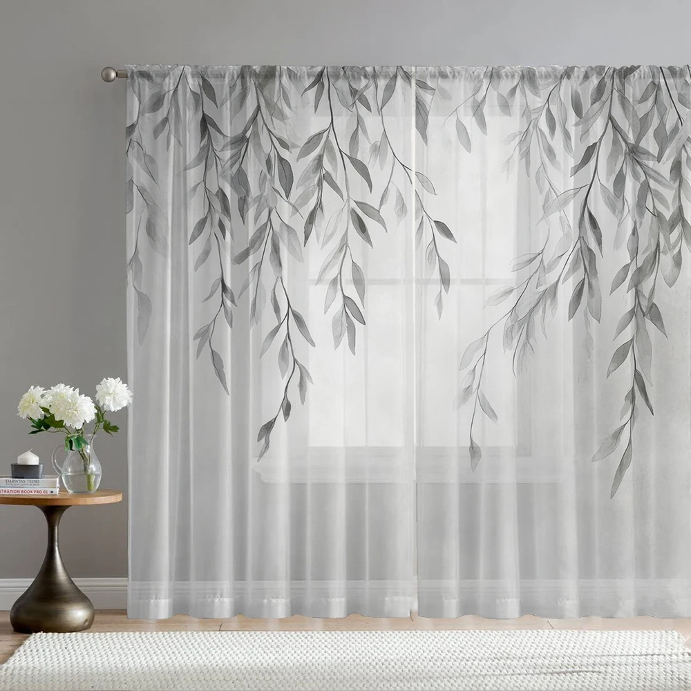 2Pcs Gray Willow Branch And Leaf Print Home Decoration Window Screens Suitable For Coffee Shops, Restaurants, Bedrooms