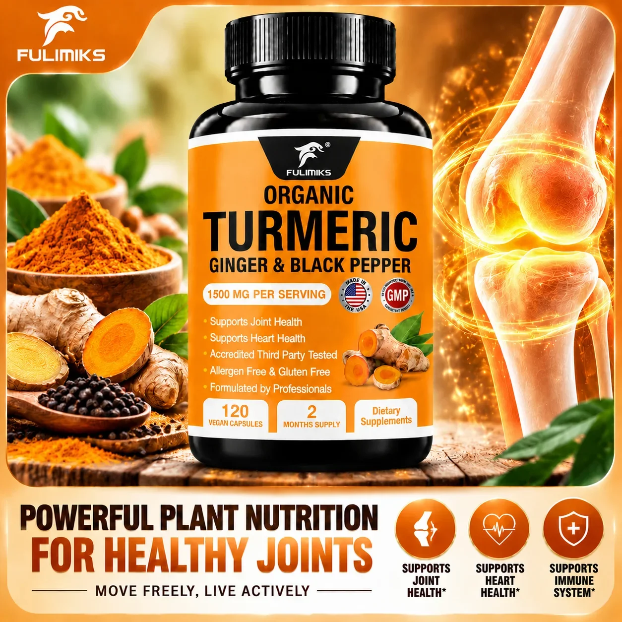 Organic Turmeric Ginger & Black Pepper Supplement, Support Cardiovascular & Joint Health, Antioxidant, Absorption, Flexibility