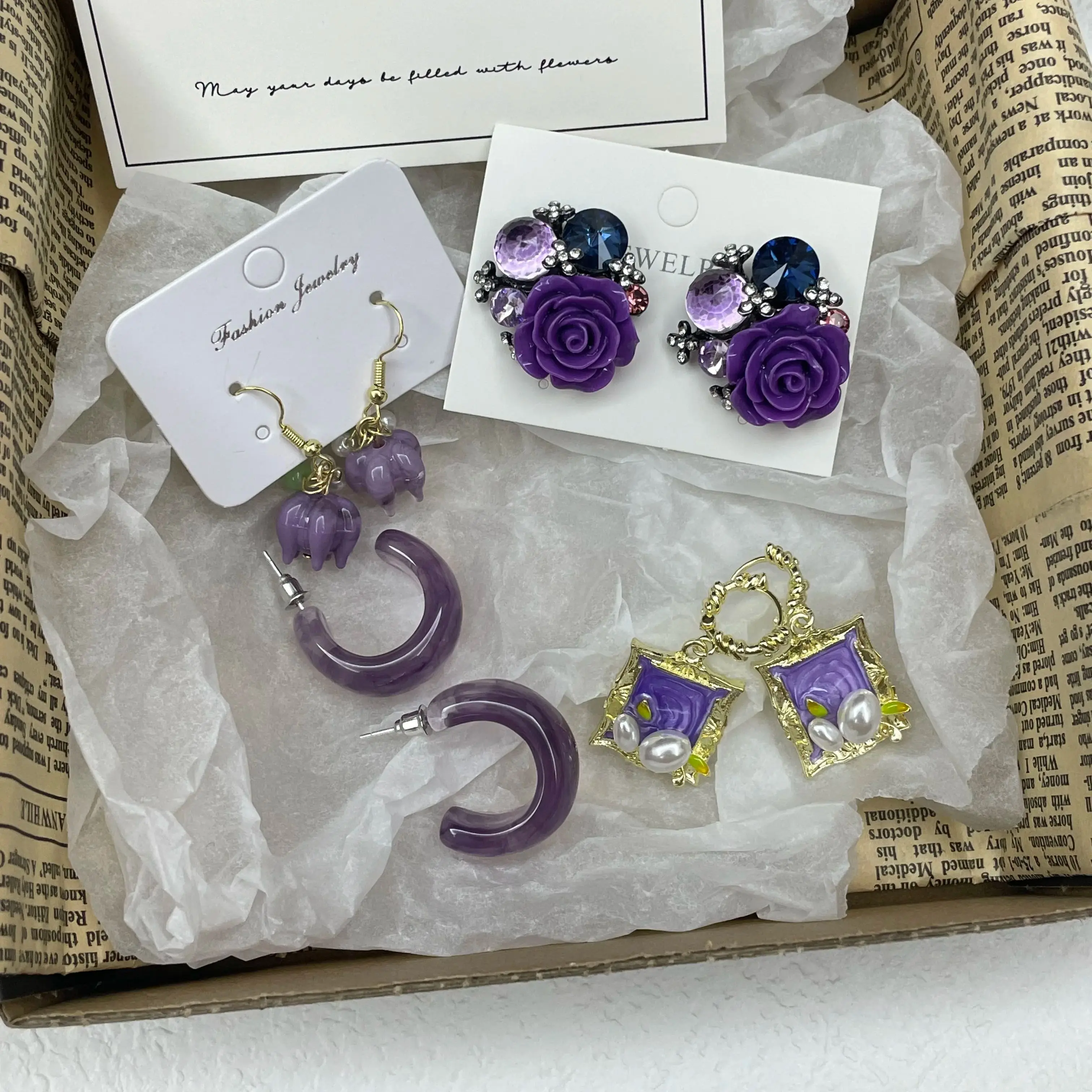 

Purple Floral Earrings for Women, Vintage Unique Flower Stud Earrings,New Elegant Earrings | Dainty & Trending,4 sets for dates