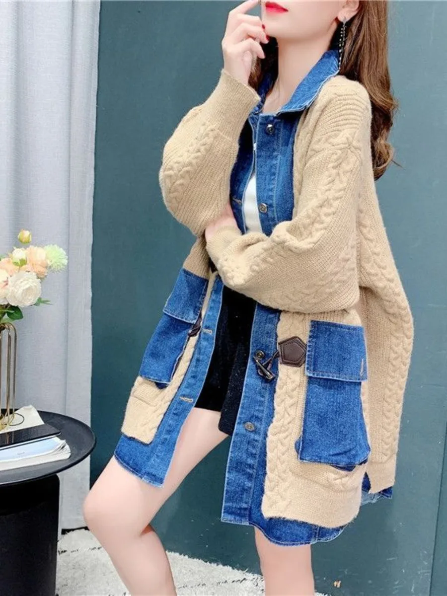 Spring And Autumn Denim Patchwork Loose Fitting Two Piece Cardigan For Women\'s Retro Lazy Style Top Medium Length Sweater Trend