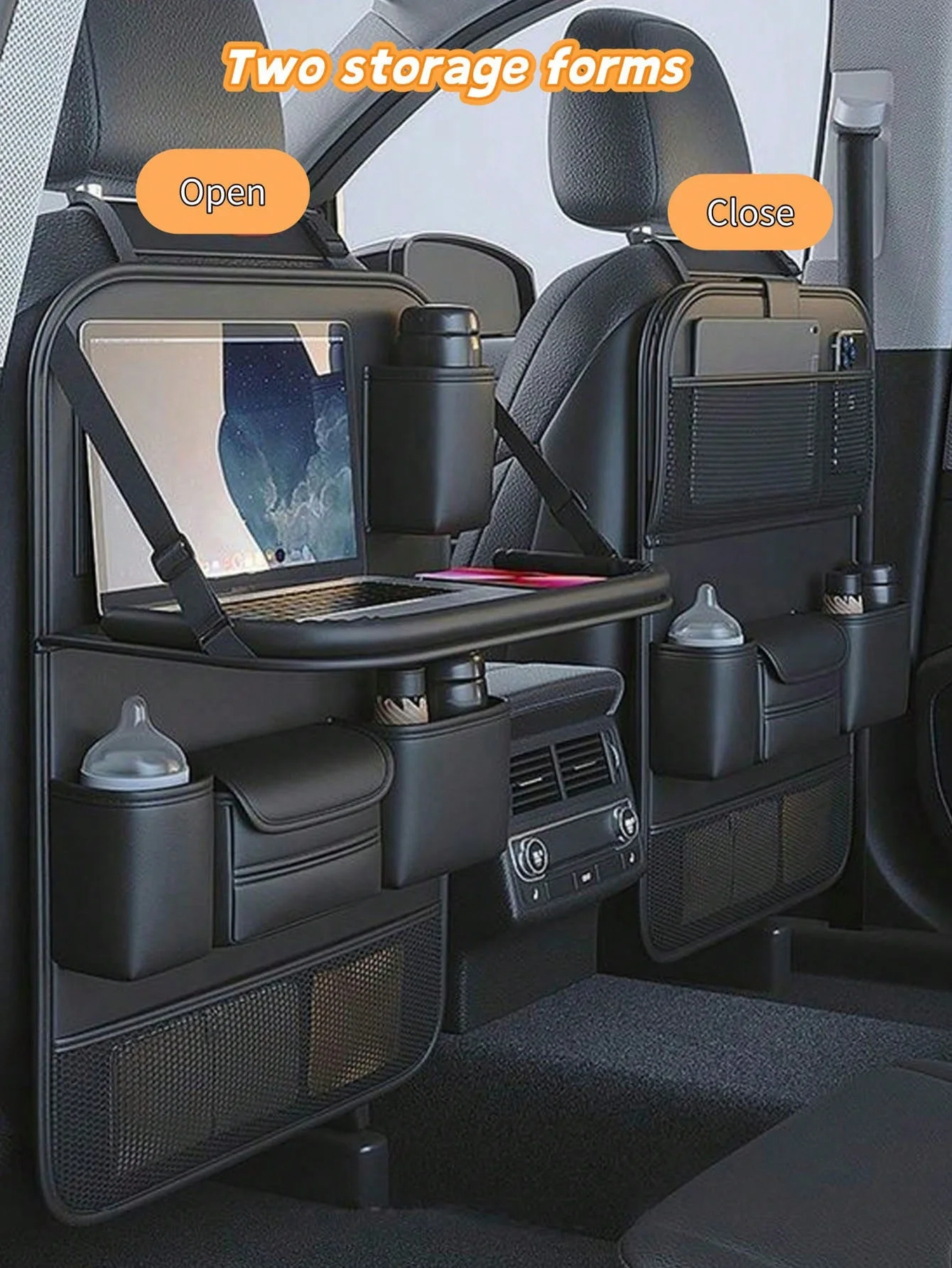 

Car Seat Back Organizer Foldable Tray - Multi-Function Storage Box For Vehicles, Large Capacity Storage Bag, Adjustable Straps,