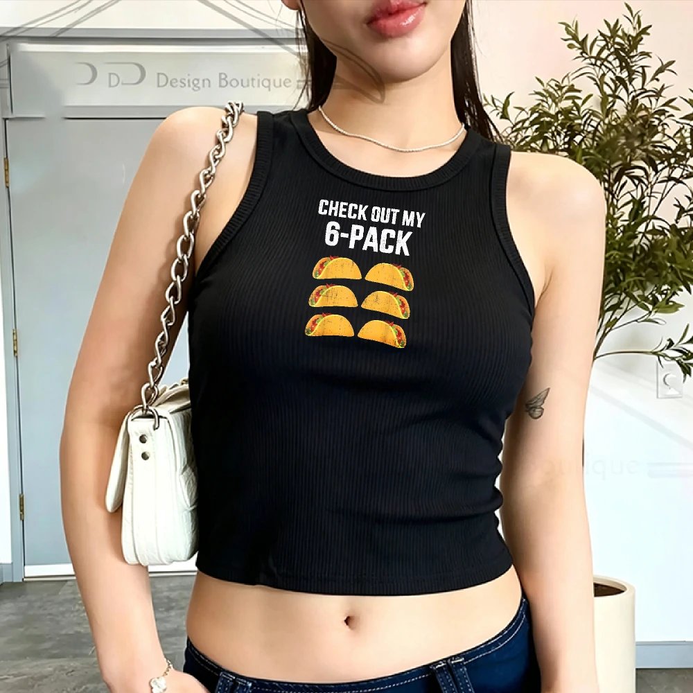 Funny Y2K Ribbed Tank Top Crop Top for Women Fitted Six Pack Tacos Humor Food Pun Gift Beach Vacation Breathable Casual Tops
