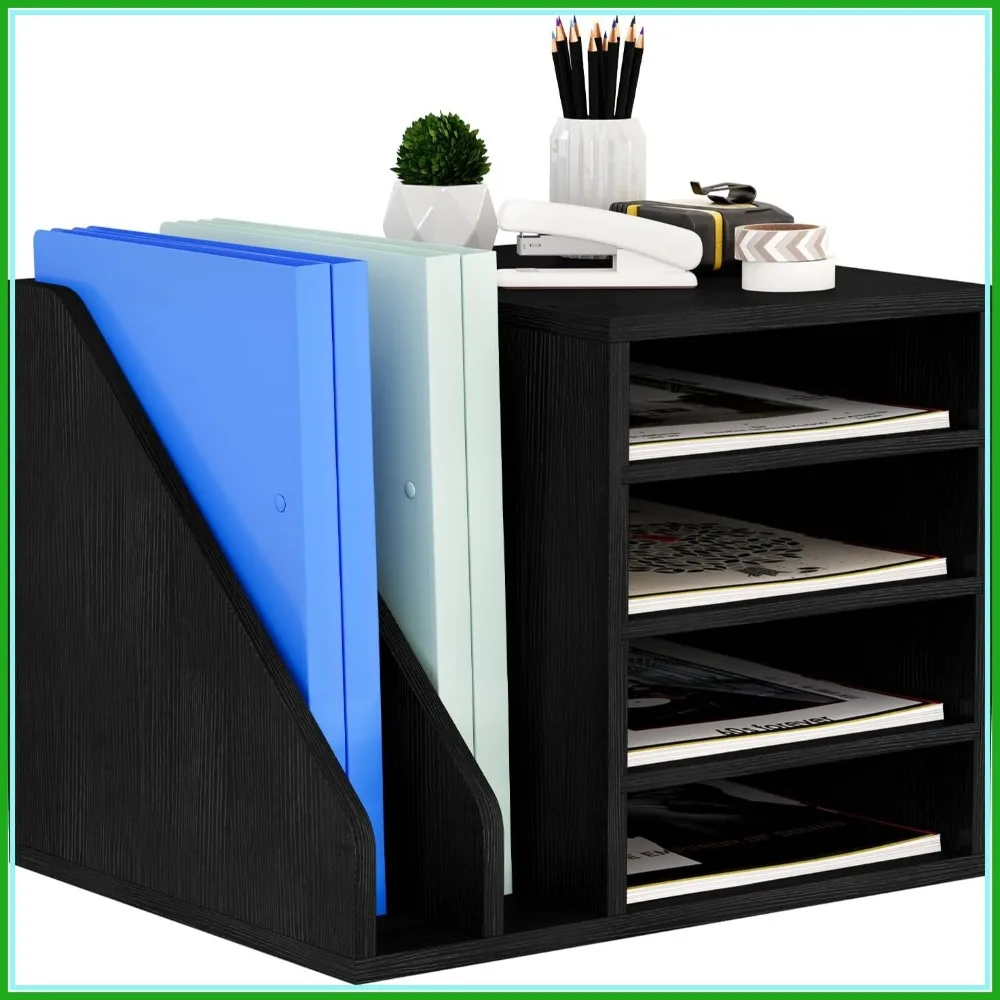 

Wood Desk Organizer File Holder with Adjustable Compartments, Desktop Paper Sorter for Home Office School
