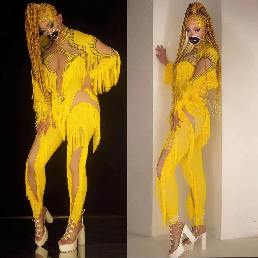 Dames lange mouw uitgehold gele print kwastje strakke jumpsuits nachtclub prestatie kostuum