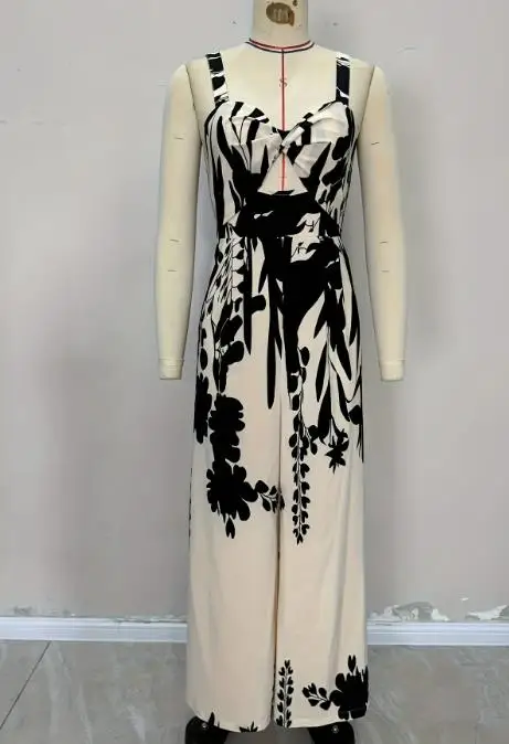 

New 2023 Elegant Sexy Ethnic Style Printed Drawstring Waist Jumpsuit with Twisted Design Casual Vacation Style Women's Jumpsuit