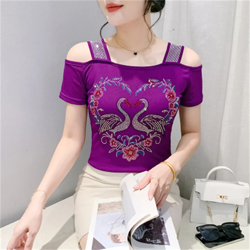 M-3XL Streetwear Girl Summer Cartoon Design Hot Diamonds T-Shirt Women Sexy Off Shoulder Slim Mesh Tops Chic Luxury Flower Tees