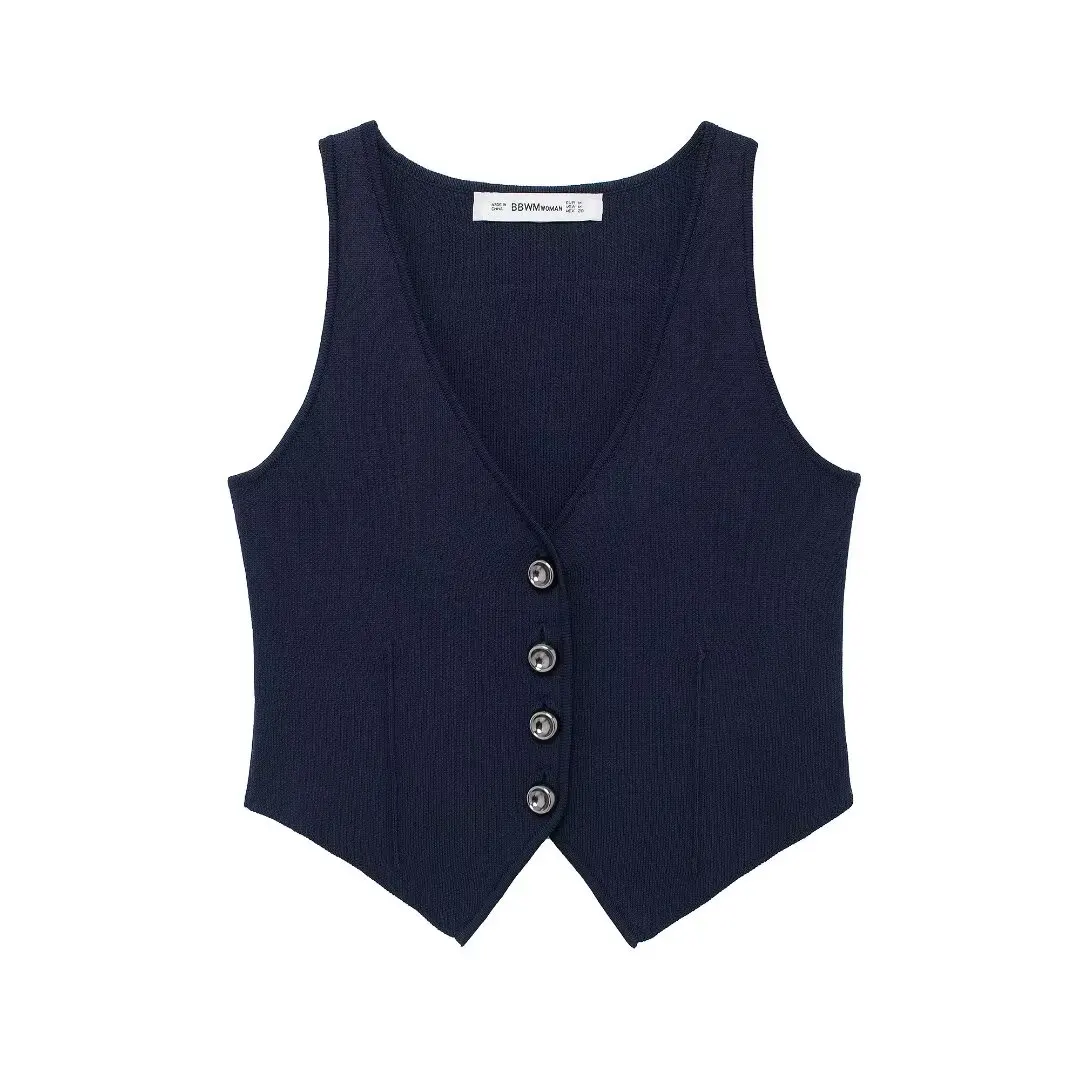 

Women's 2024 new fashion elastic slim fit short V Neck knitted vest coat retro sleeveless button up women's vest chic top