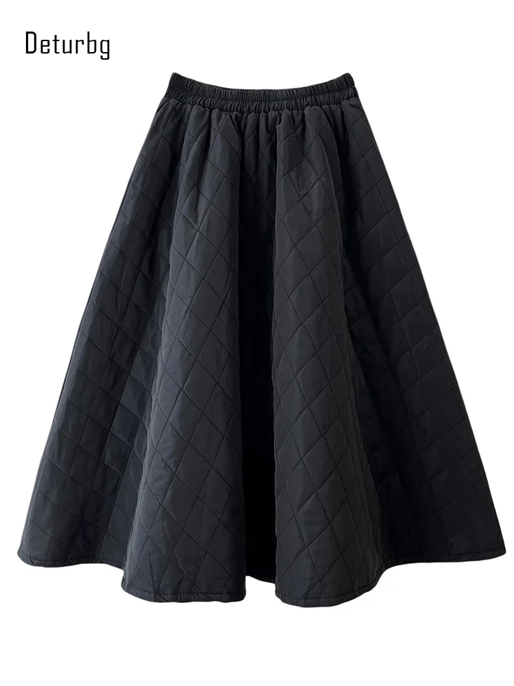 4Quilted Diamond Pattern A-Line Skirt For Women Korean Fashion High Waist Warm Midi Swing Skirts With Pockets 2024 Winter K367