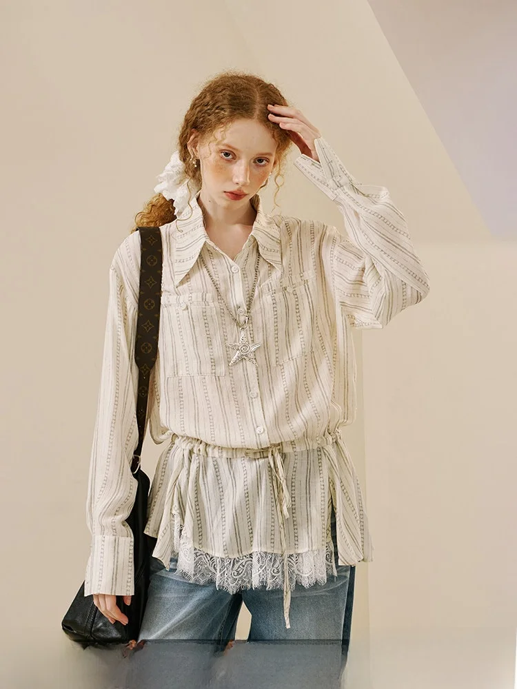 

DIDDI MODA Винтажная свободная женская рубашка с кружевным подолом и длинными рукавами, летняя, в полоску, с обычной длиной рукавов, в стиле Sweet Sle