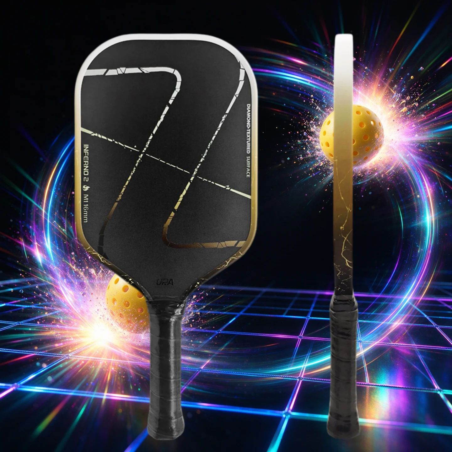 Inferno 2.0 Aero Black M1 Pickleball Paddle 16mm Elongated MPP Core with Emery Carborundum Durable Rough Grit Surface for Enhanc