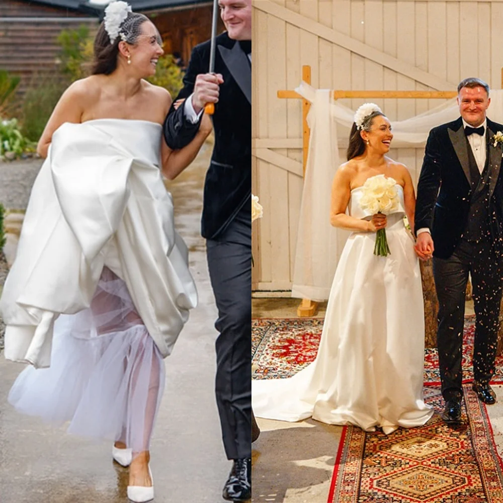 تخصيص جودة عالية فستان الزفاف الساتان الأبيض رائعة حمالة قبالة الكتف أكمام قطار مصلى ثوب الزفاف