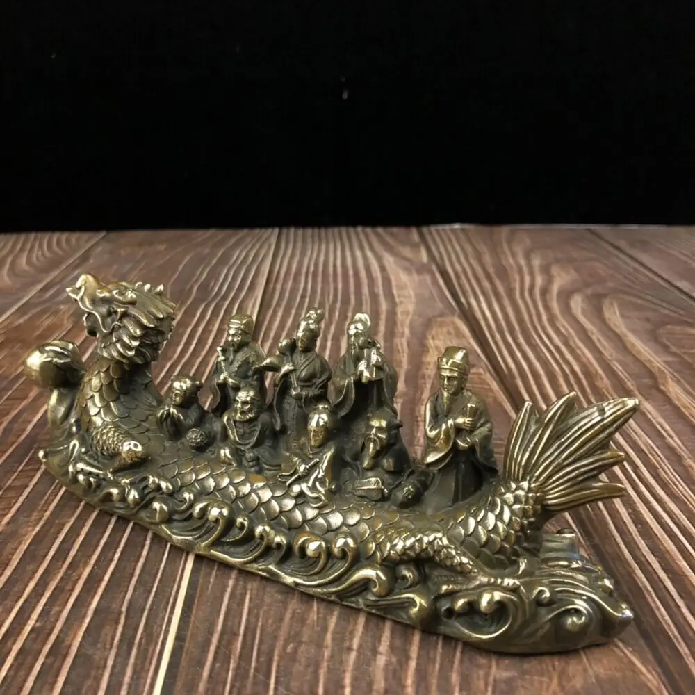 Collect Chinese feng shui Bronze copper 8 immortals on Dragon Ship Boat statue