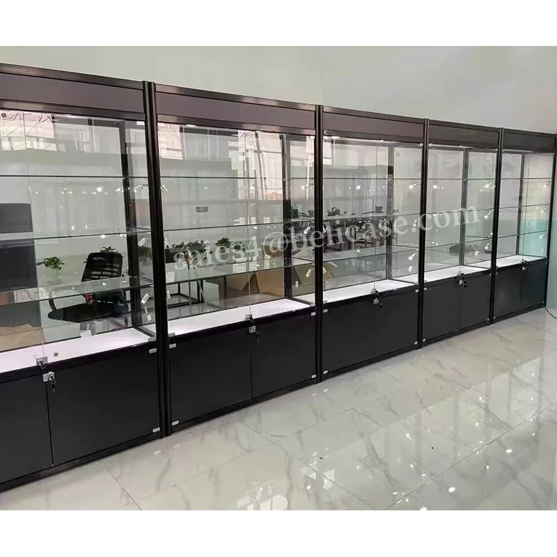 (customized)Aluminum Frame Display Cabinet LED Light Glass Display Show Adjustable Shelves Smoke Shop Accessories Glass Sho