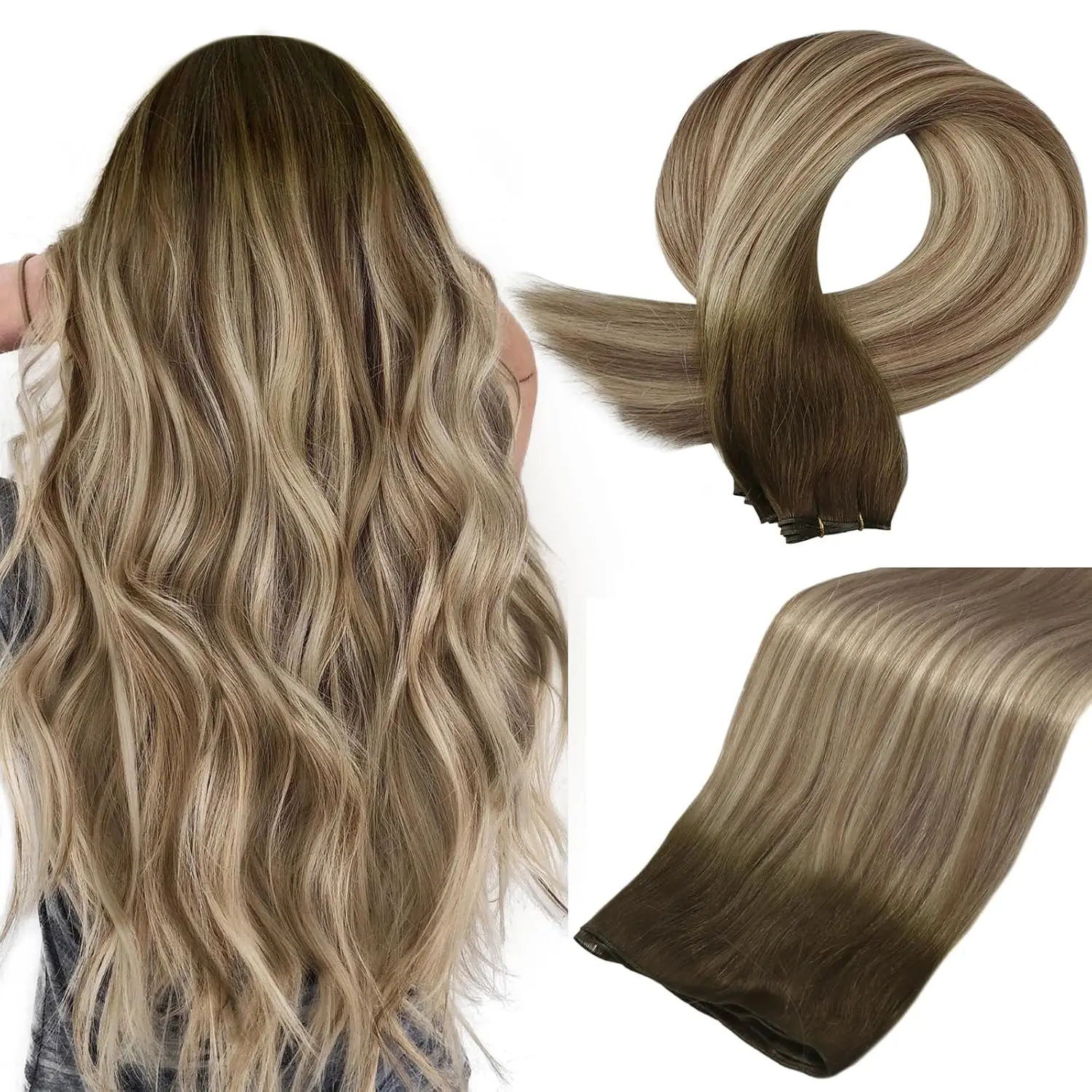 Full Shine Genius Weft Hair Extensions Human Hair 20 Inch Hand Tied Bundle Real Human Sew in Hair Blonde Weave For Women Hair