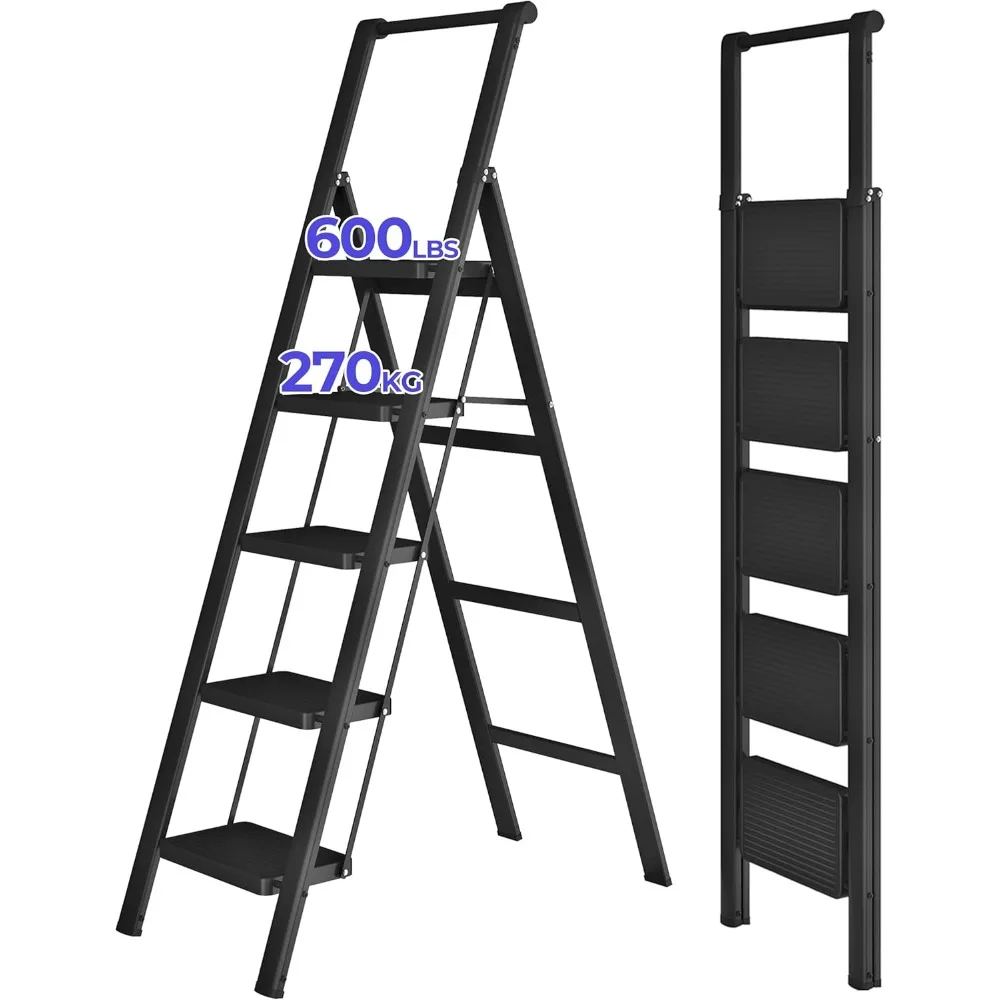 5 Step Ladder, Foldable Step Stools for Adults with Wide Anti-Slip Pedal, 600lbs Lightweight Sturdy Steel Ladder