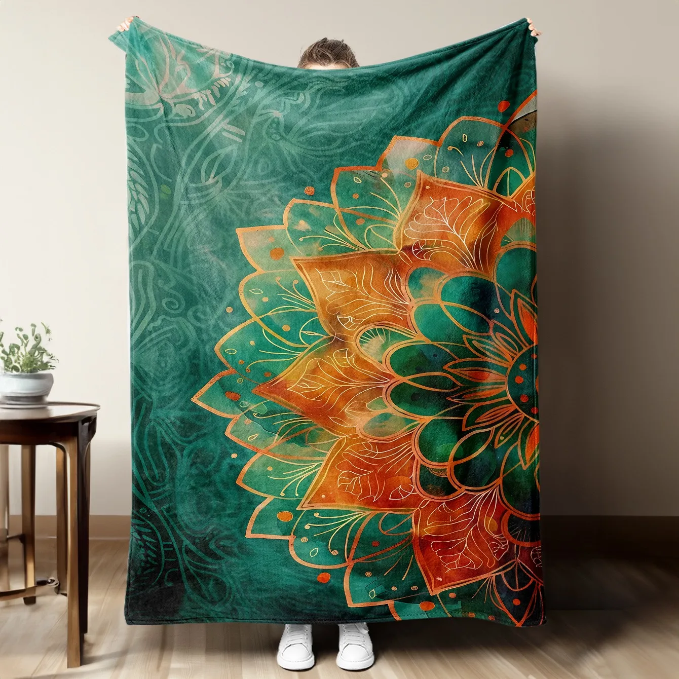 Vibrant Mandala Throw Blanket: Teal & Copper Pattern Boho Spiritual Cozy Home Decor