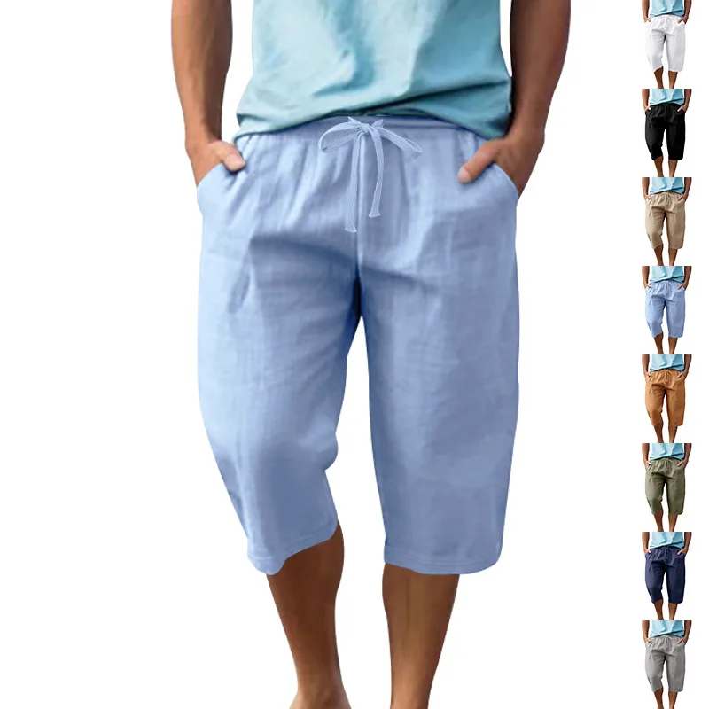 

New summer products men's loose and simple solid color casual linen breathable sports beach 7-point shorts
