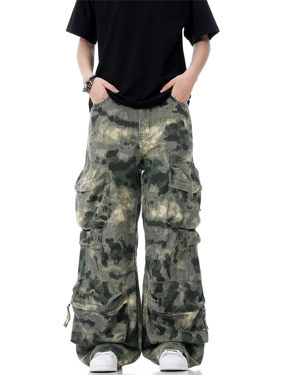 

Американские камуфляжные рабочие брюки в стиле ретро, широкие брюки прямого кроя, свободные мужские джинсы с несколькими карманами, модные брендовые повседневные брюки