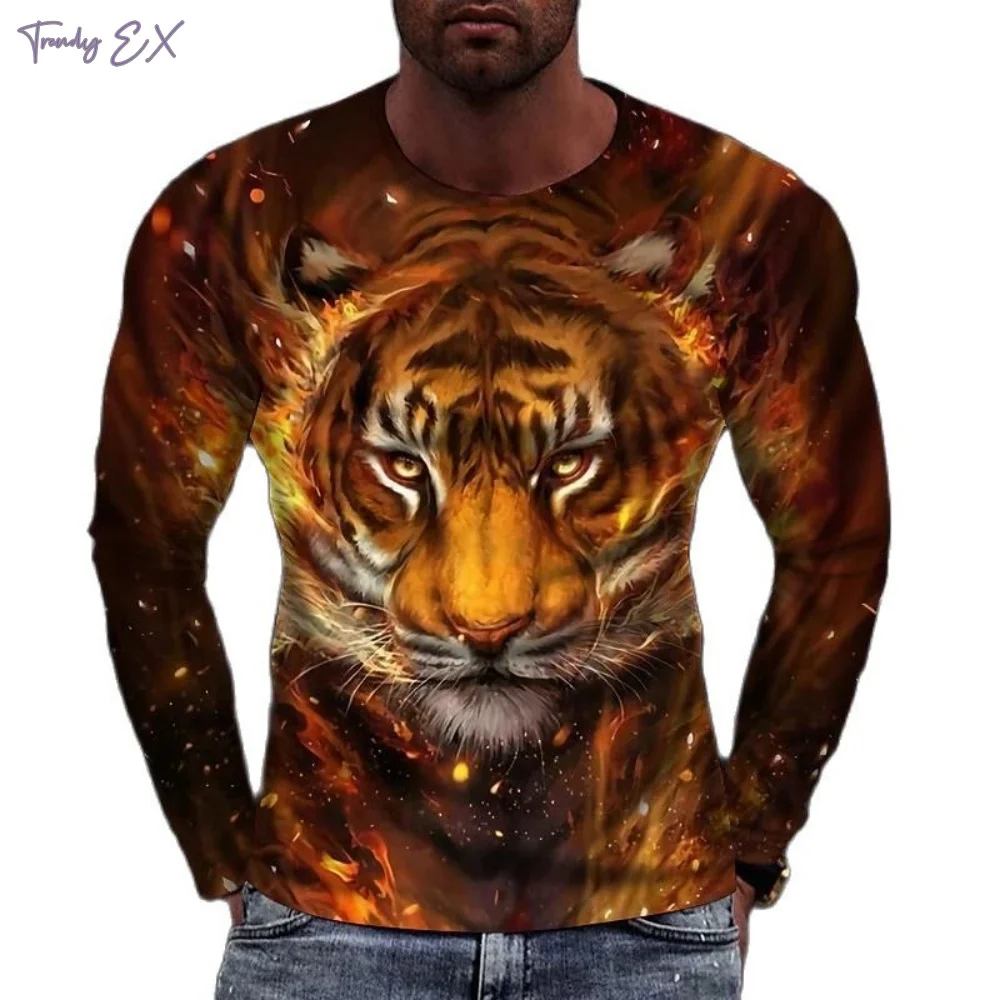 Cool 3D Tiger Print T-Shirts for Men Street Vintage O-Neck Oversized T-Shirt Tops Fashion Harajuku Long Sleeves Gym Clothing Men