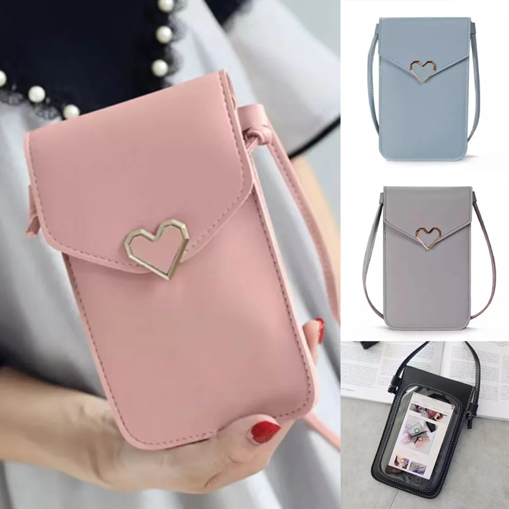 

Mobile Phone Bag Wallet Touch Screen Pouch Women Purse Heart Shaped Decoration Messenger Bags Small Flap Shoulder Bag