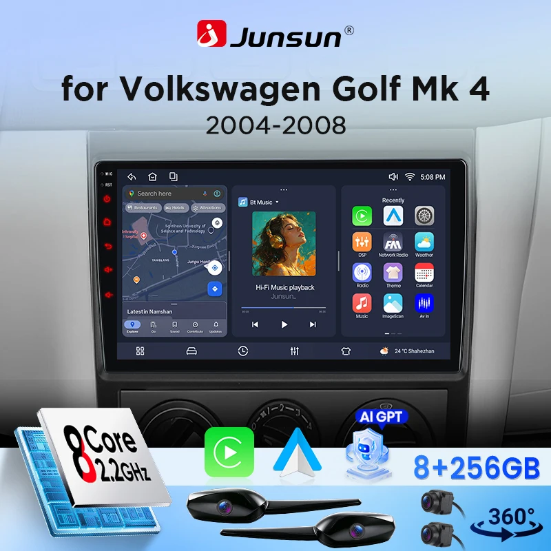 Autoradio Android Junsun 9 pouces pour Volkswagen Golf Mk4 2004 2005 - 2008, CarPlay et Android Auto sans fil, écran tactile IPS HD, GPS, multimédia, 360 °   Lecteur multimédia avec caméra, DSP, RDS, WiFi, écran partagé, Mirror Link, Bluetooth mains libres
