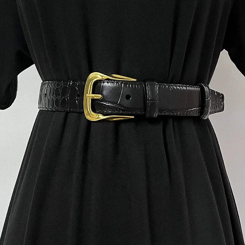 Cowhide Gold-Plated Buckle Belt Original Retro Classic Embossed Ladies Crocodile Belt Versatile Genuine Leather Trend 2.8cm Widt