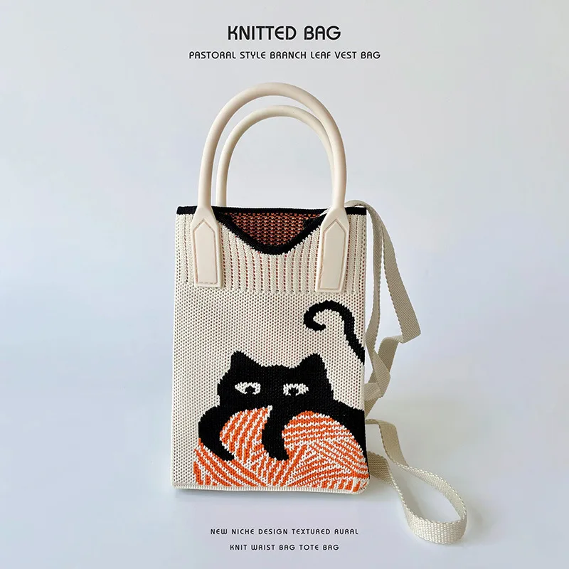 Youda New Fashion Polyester Fabric Shoulder Bag for Women Knitting Cute Cat Pattern Handbag Casual Capacity Shopper Tote Bags