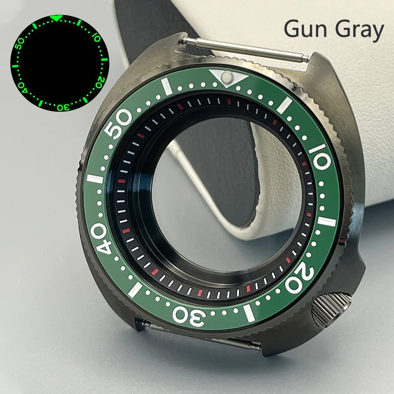 Gun Grey Turtles 6105 6309 Watch Case 44mm NH35 Case with Green Luminous Flat Ceramic Bezel Fits 7S26 4R NH35 NH36 Movement