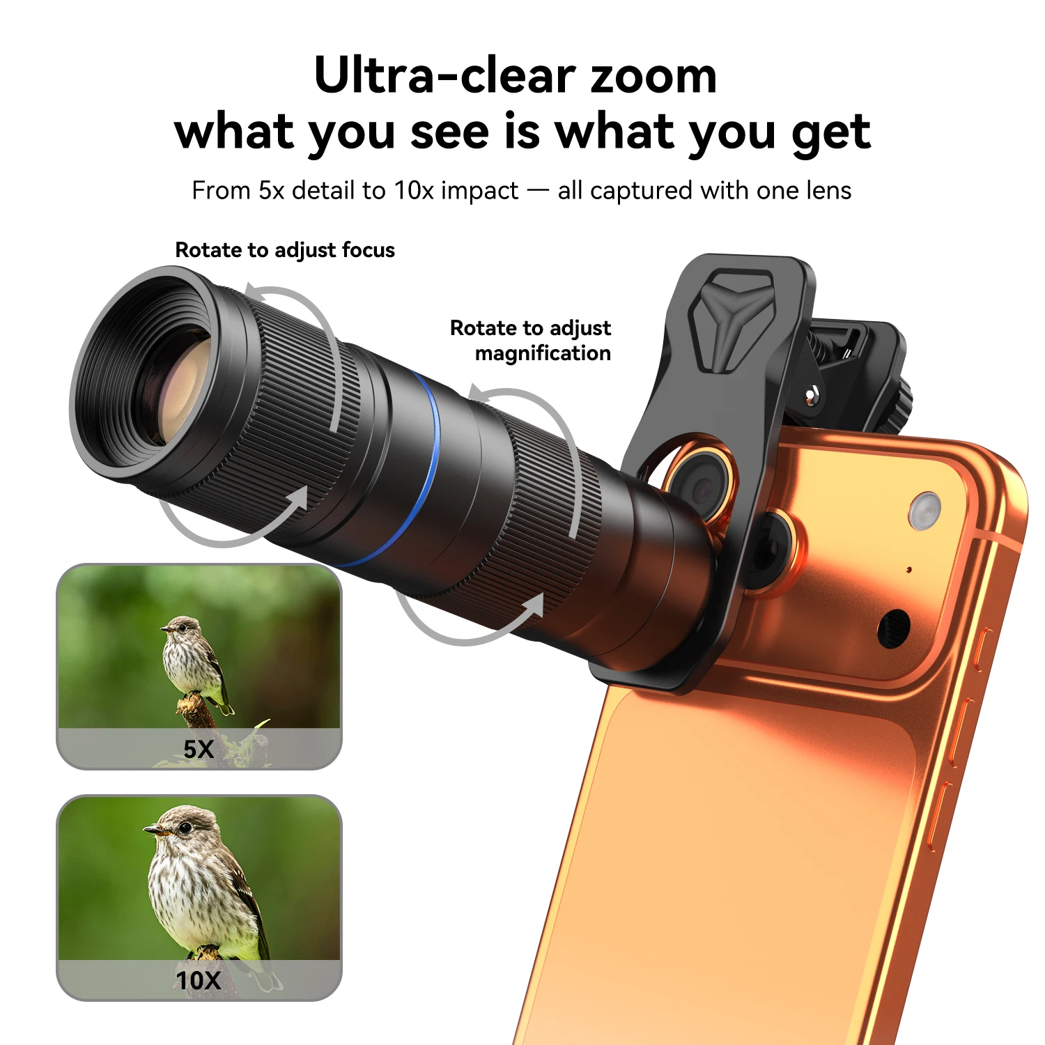 APEXEL 5-10X Telezoom-Handykamera-Objektiv mit Universalclip für iPhone Android Reise- und Outdoor-Fotografie-Objektiv