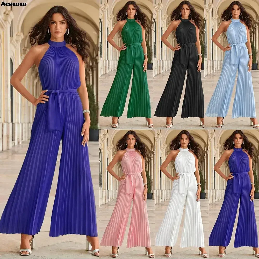 

Summer new women's fashion sexy collar hanging sleeveless pleated slim wide leg jumpsuit