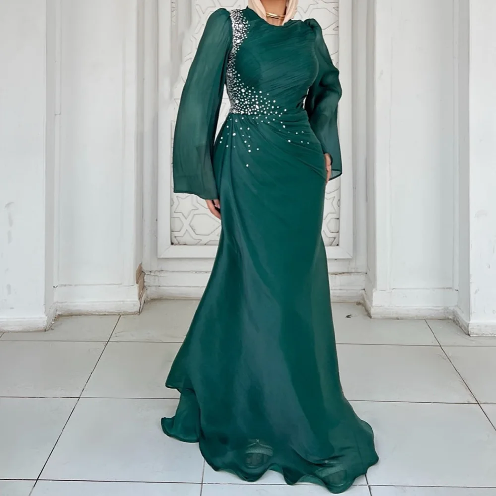 Maßgeschneiderte A-Linie-Abschlussballkleider, bodenlang, O-Ausschnitt, volle Ärmel, Abendkleid, modisches Kristall, schlichtes, drapiertes, lässiges Partykleid