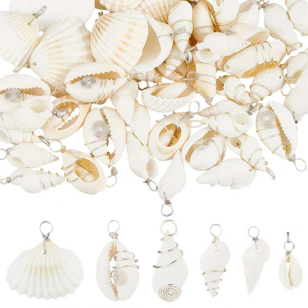 90Pcs 6 Styles Shell Pendants White Scallop Spiral Cowrie Trumpet Shell Pendants Seashell Shaped Charms for Jewelry Making Home