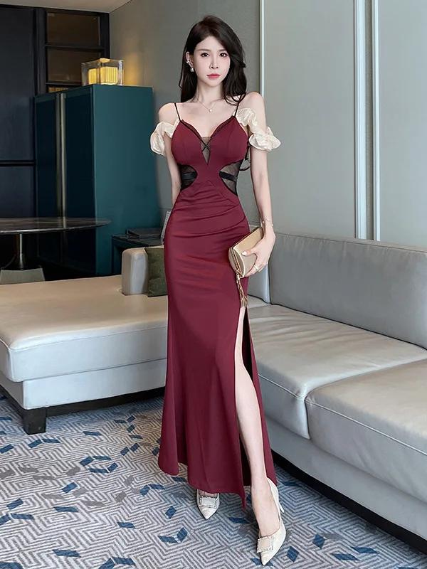 

Сексуальное облегающее платье с ремешком Dr, юбка трапециевидной формы с высокой талией, длинное вечернее платье, мягкий массажный ремонт, корейский Sle Deep V Ne Dr